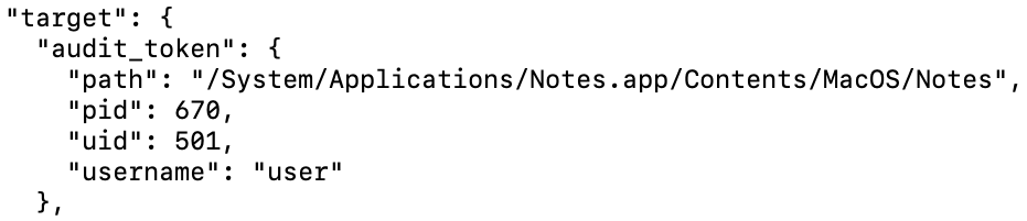 Screenshot of ESDump output where an audit token was used to resolve a process and user name