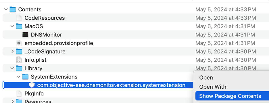 A screenshot of macOS Finder showing the content of DNSMonitor's application bundle with the user about to click "Show Package Contents" for the embedded system extension.