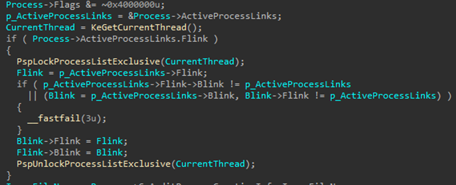 Code after replacing BugCheckParameter2 variable to EPROCESS structure